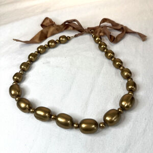 Ribbon Tie Necklace Beaded Gold Tone W/ Spacers Costume Fashion Jewelry Glamor